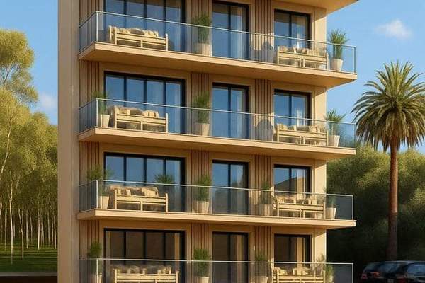 Representative daylight rendering of a contemporary apartment building with balconies