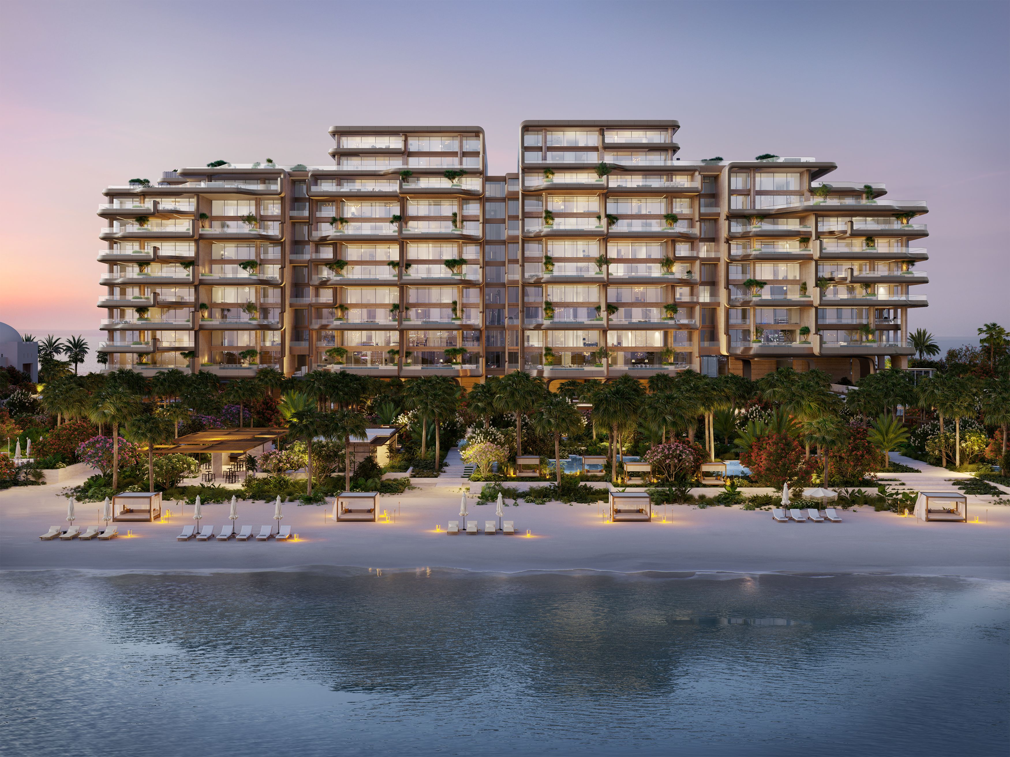 Artist's rendering of The Alba's beach-facing residences, landscaped gardens and private shoreline
