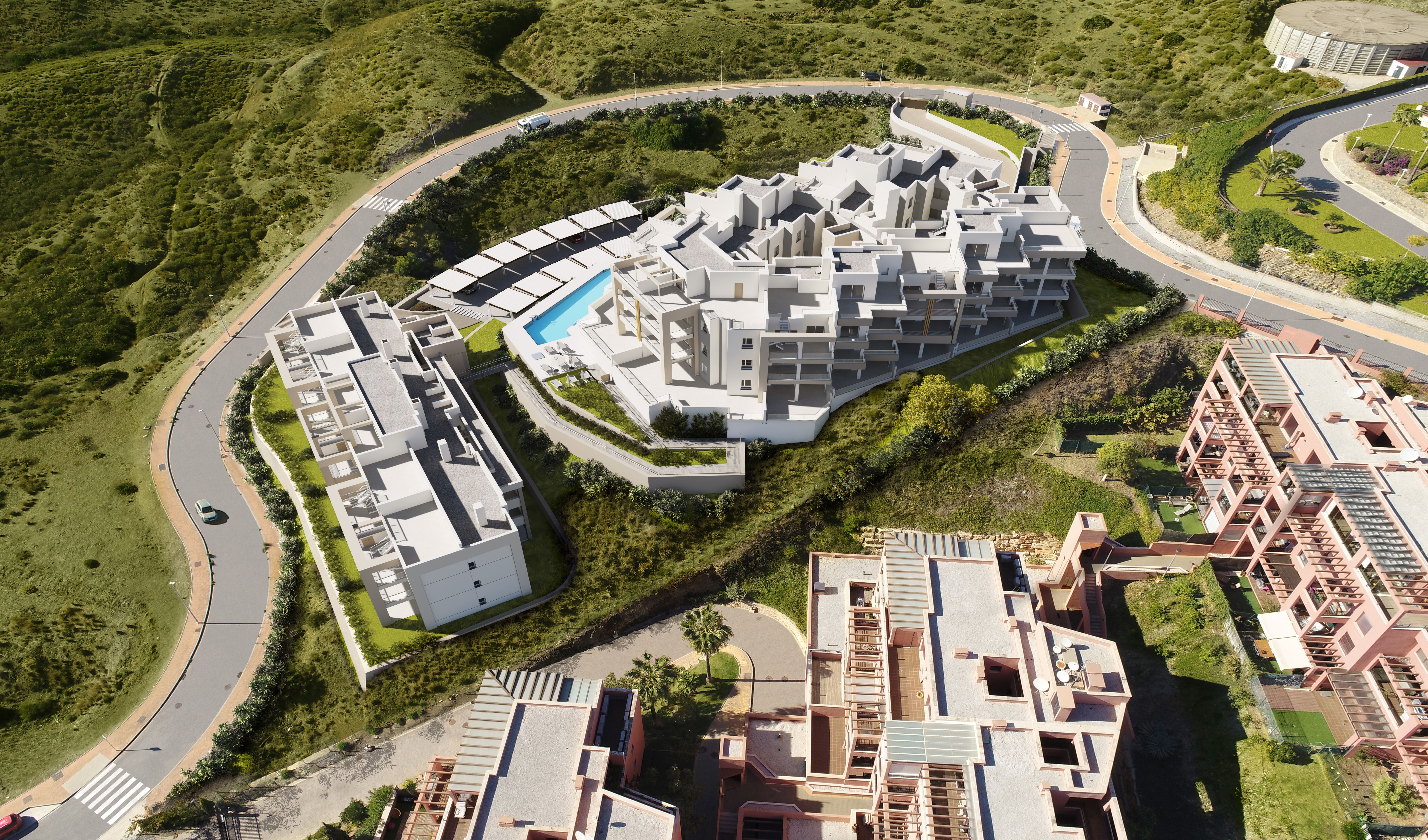 Aerial view of the Valley Views apartments and communal pool in Mijas