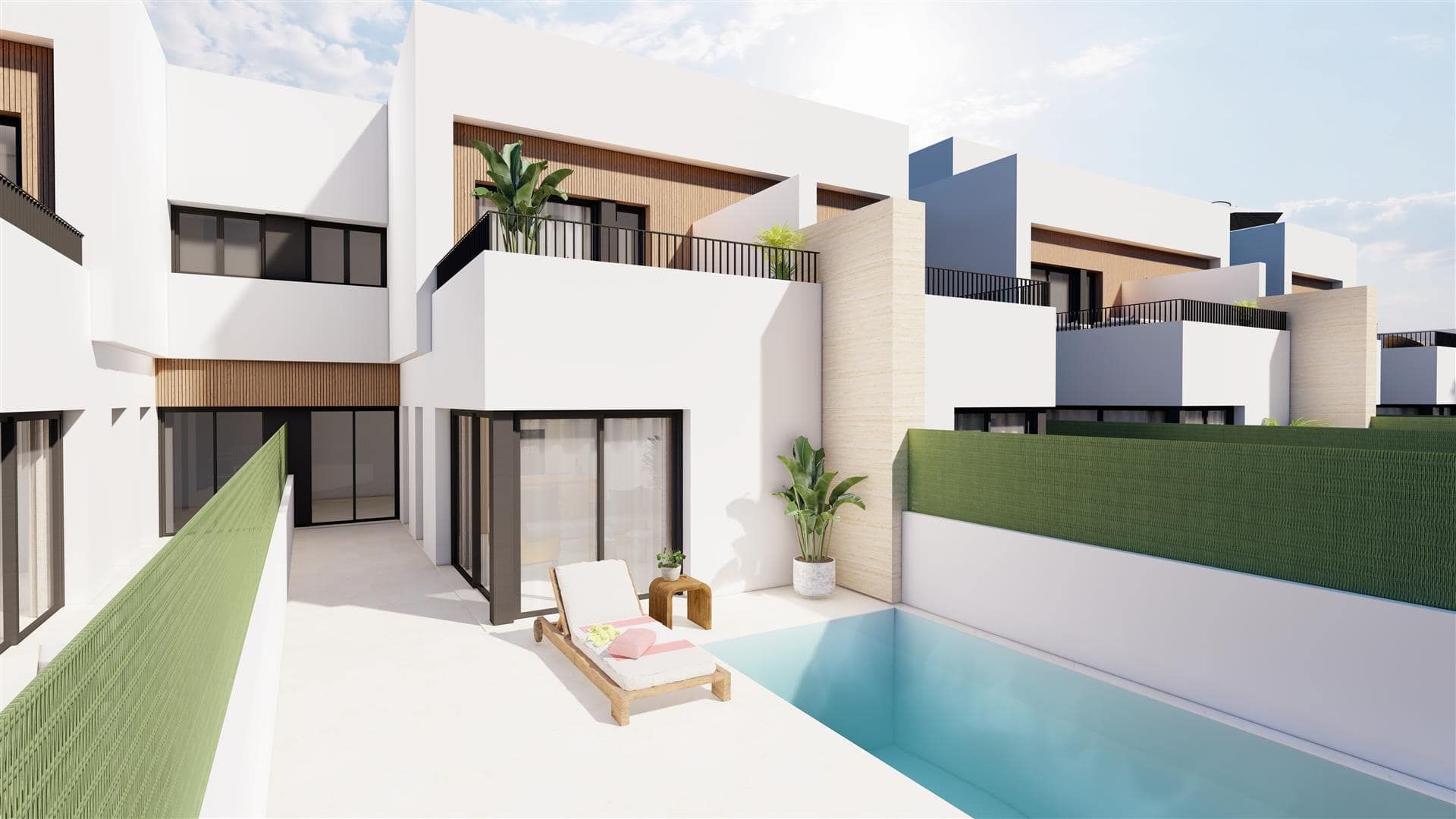 Representative rendering of a villa rear elevation and swimming pool