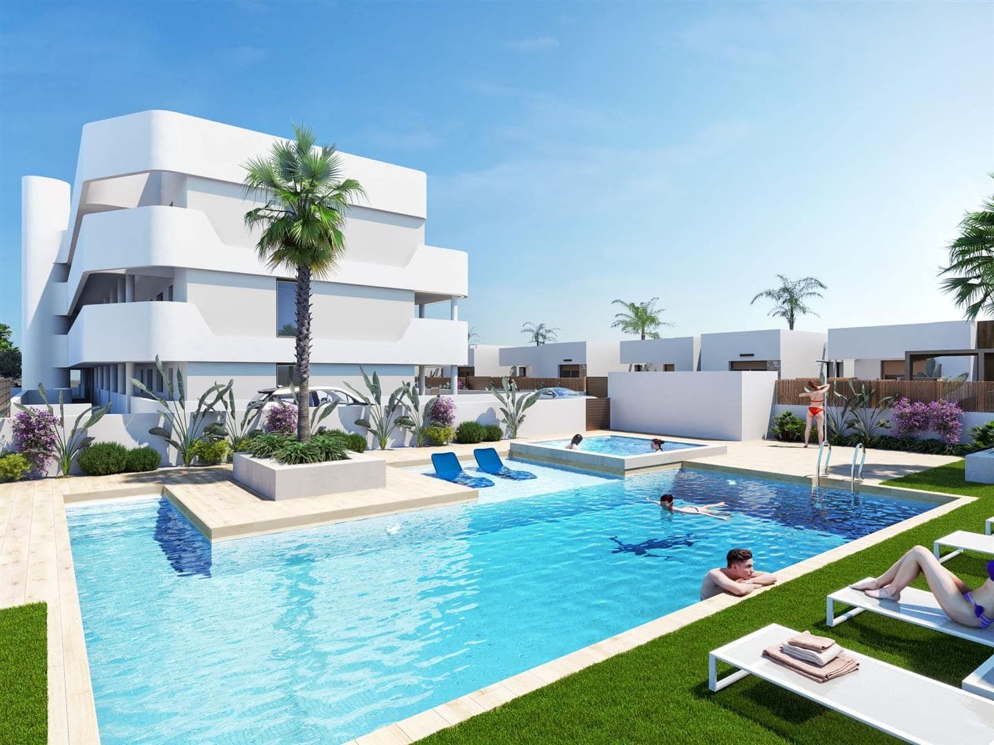 Representative rendering of apartment buildings and a communal pool