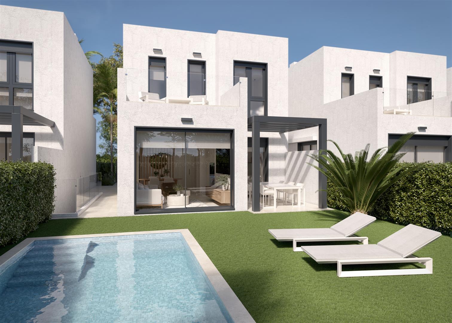 Computer-generated visual of the rear of the villa with a pergola terrace, lawn and private pool