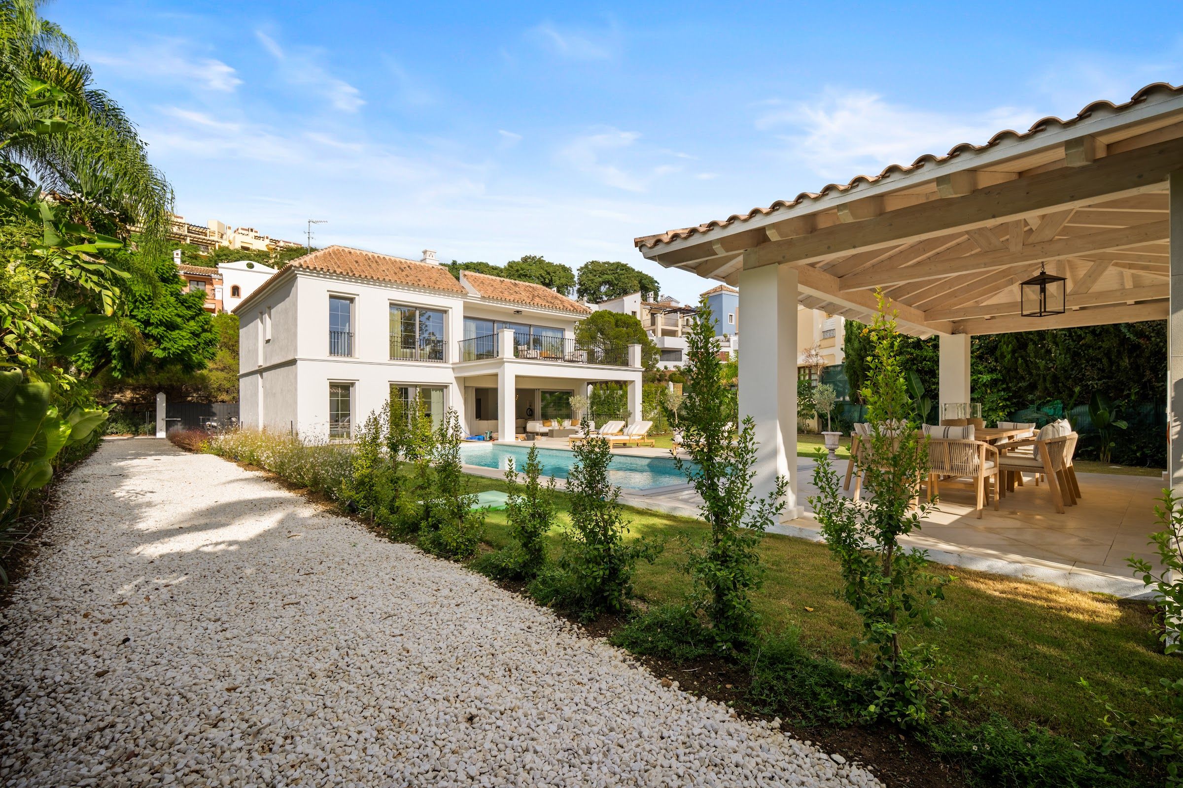 Exterior villa view with pool and garden at Los Arqueros 36