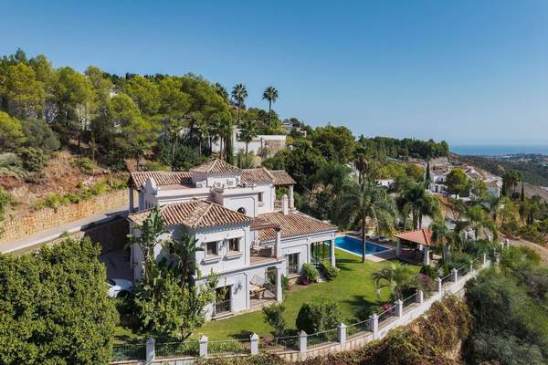 Aerial view of Villa Las Palmeras with private pool and hillside setting