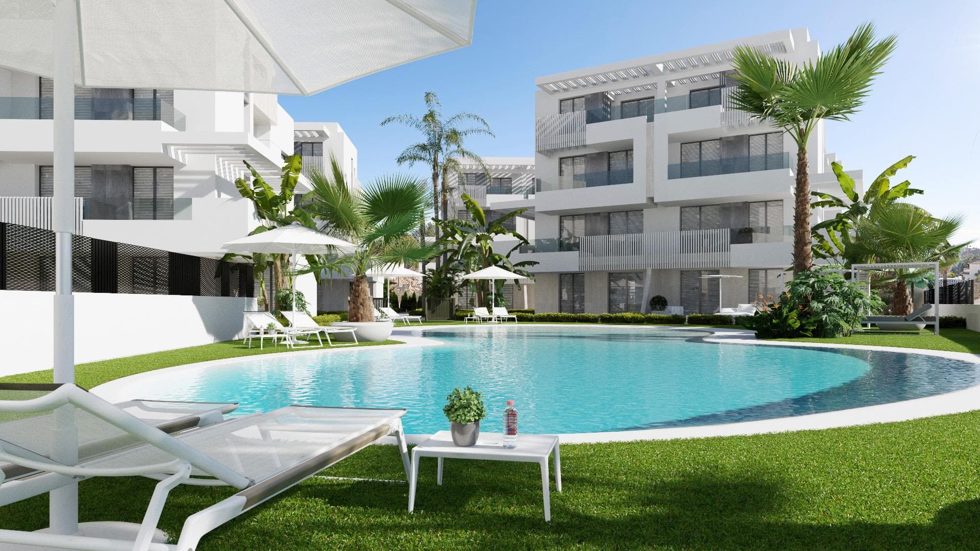 Representative rendering of white apartment buildings around a landscaped communal swimming pool in daylight