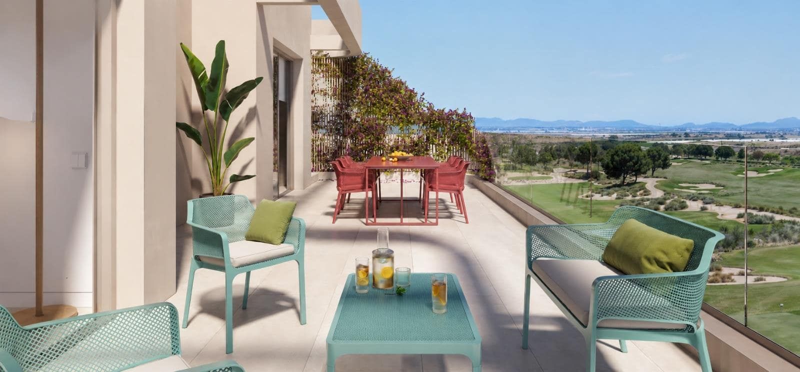 Representative CGI of a furnished apartment terrace overlooking landscaped green space