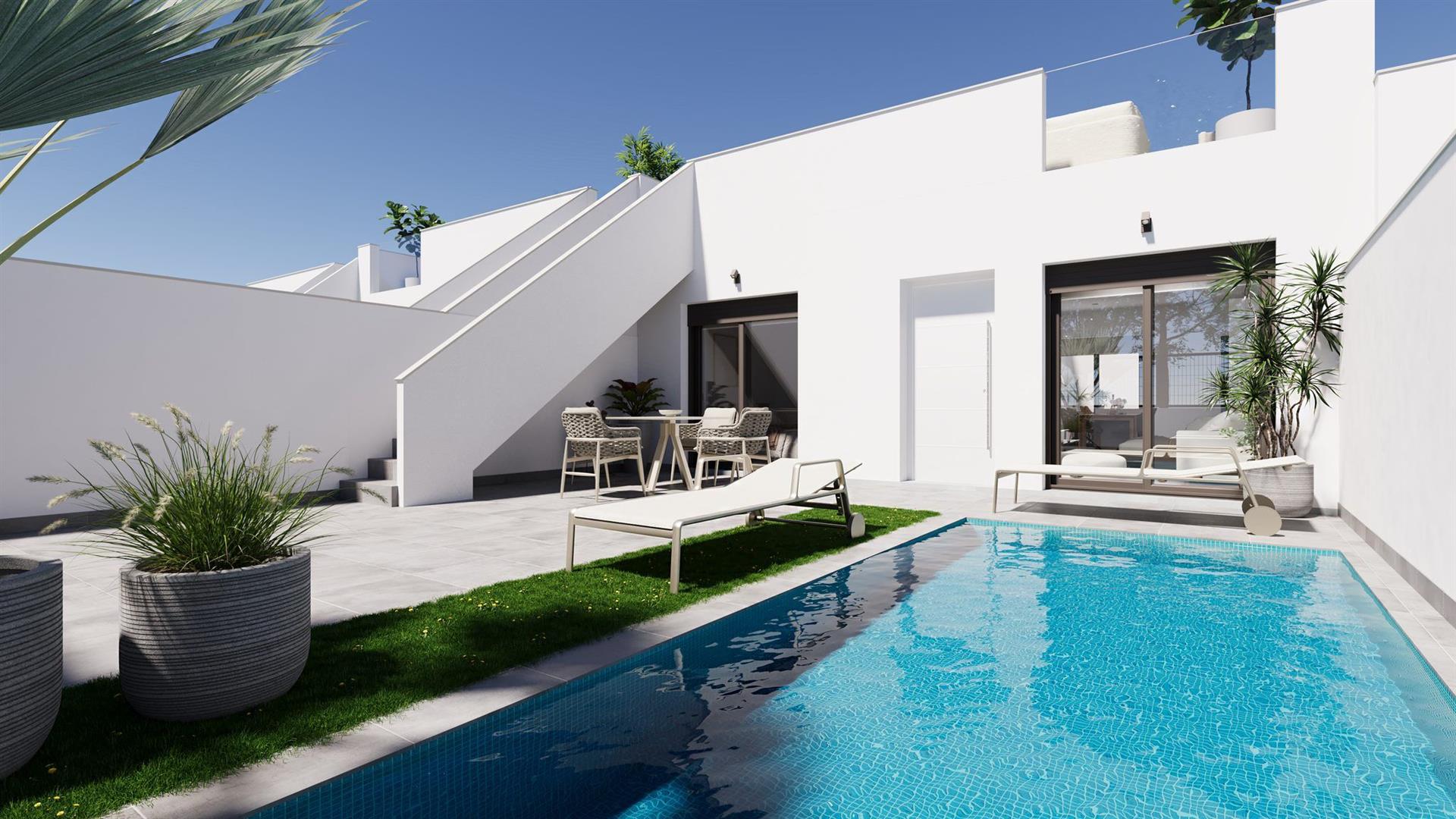 Computer-generated visual of a white villa with a long private pool, artificial lawn, an external staircase to the roof solarium and a covered outdoor dining area.