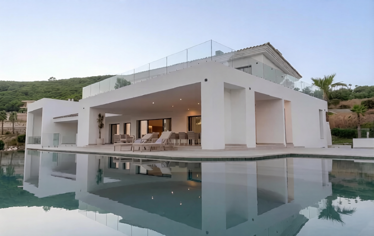 Contemporary white villa with columned loggia and glass-balustraded terrace reflected in its pool at dusk, La Reserva de Sotogrande