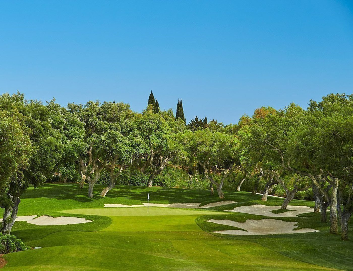 Green ringed by bunkers and cork oaks at Real Club Valderrama