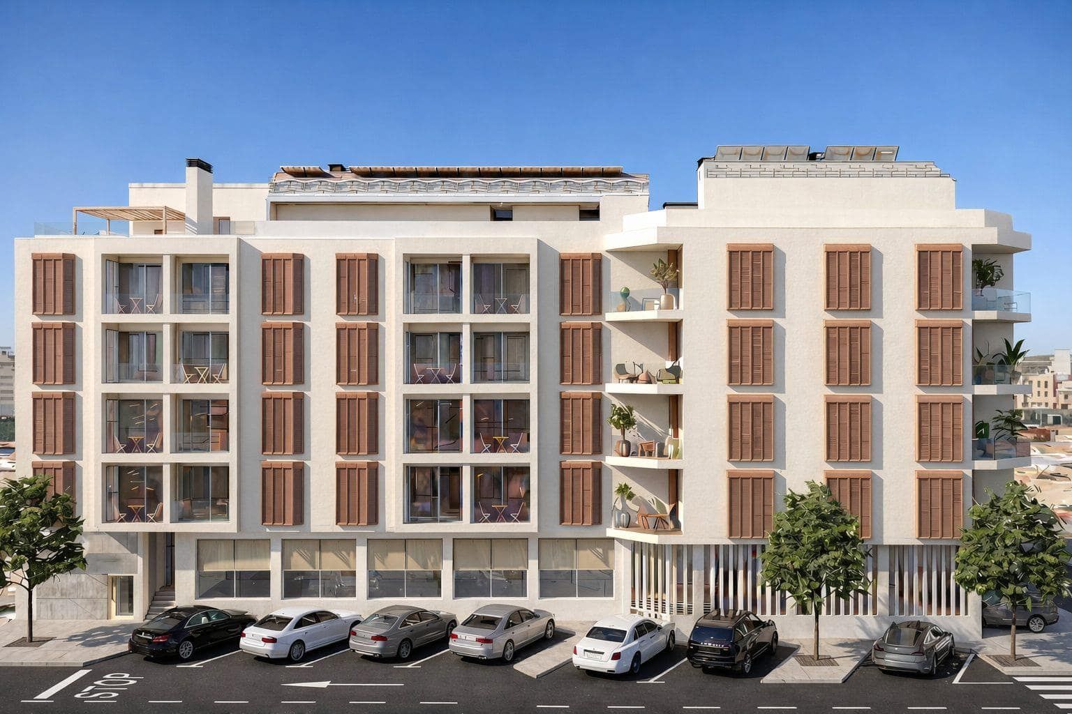 Representative daylight rendering of a contemporary apartment building with balconies and street parking