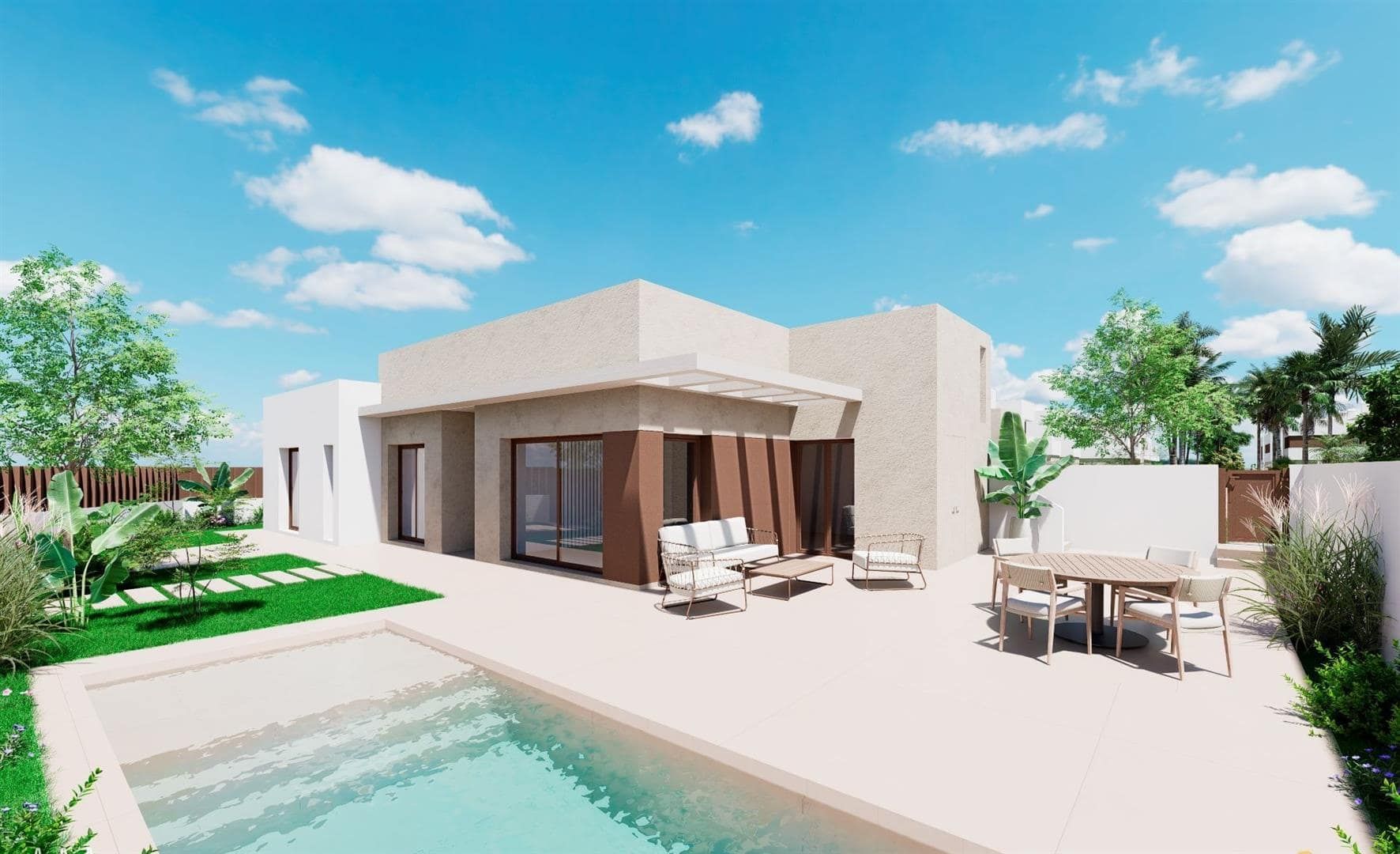 Representative daylight rendering of a contemporary single-storey home with a terrace, garden planting and swimming pool