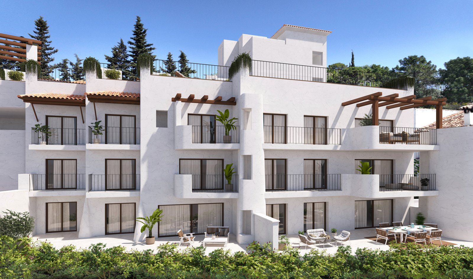 Computer-generated exterior view of Fuente Lirios apartments with private terraces and rooftop amenities.