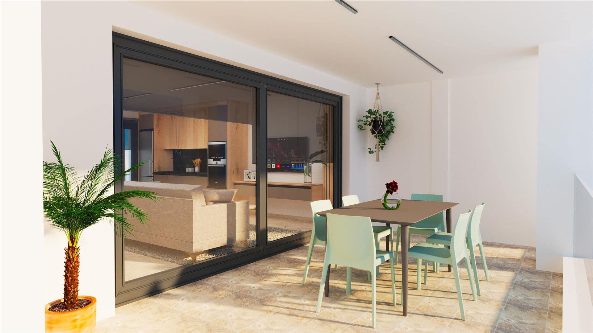 Representative daylight rendering of a covered terrace with dining table beside sliding glass doors