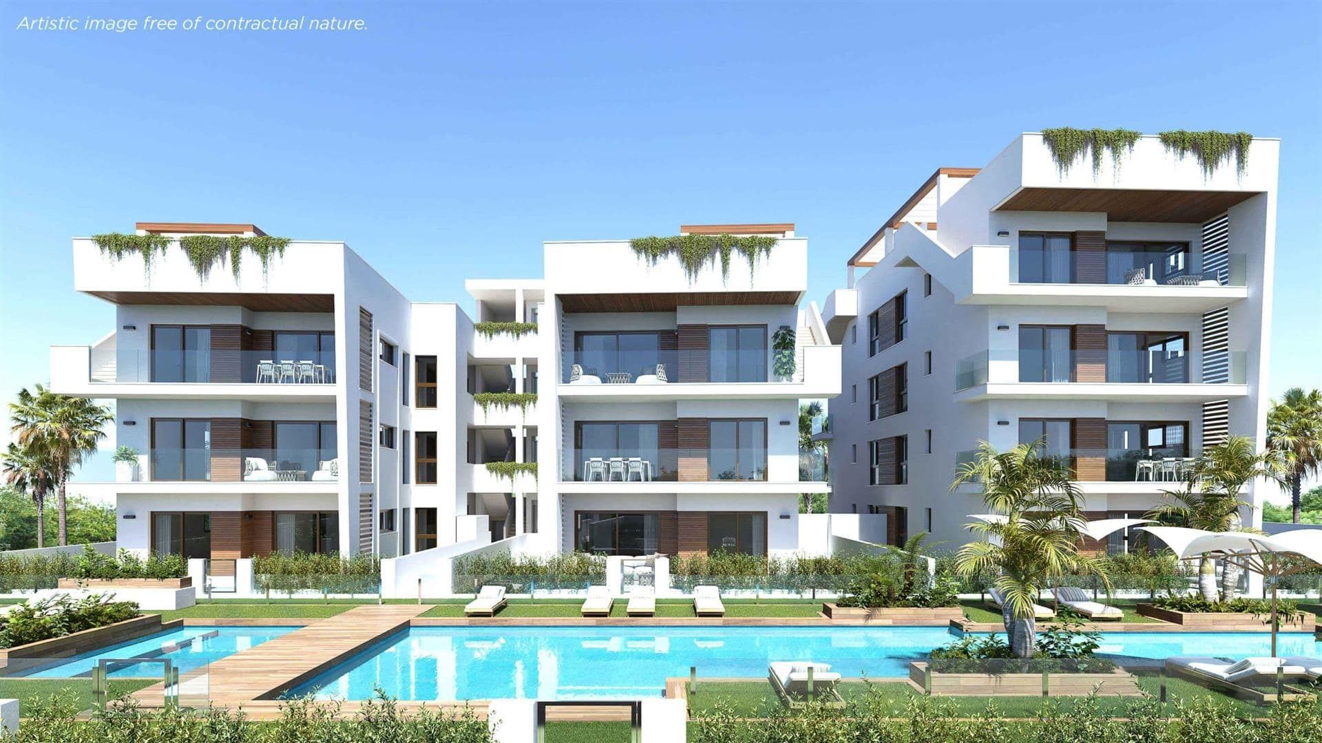Representative front elevation rendering of apartment buildings behind a communal swimming pool