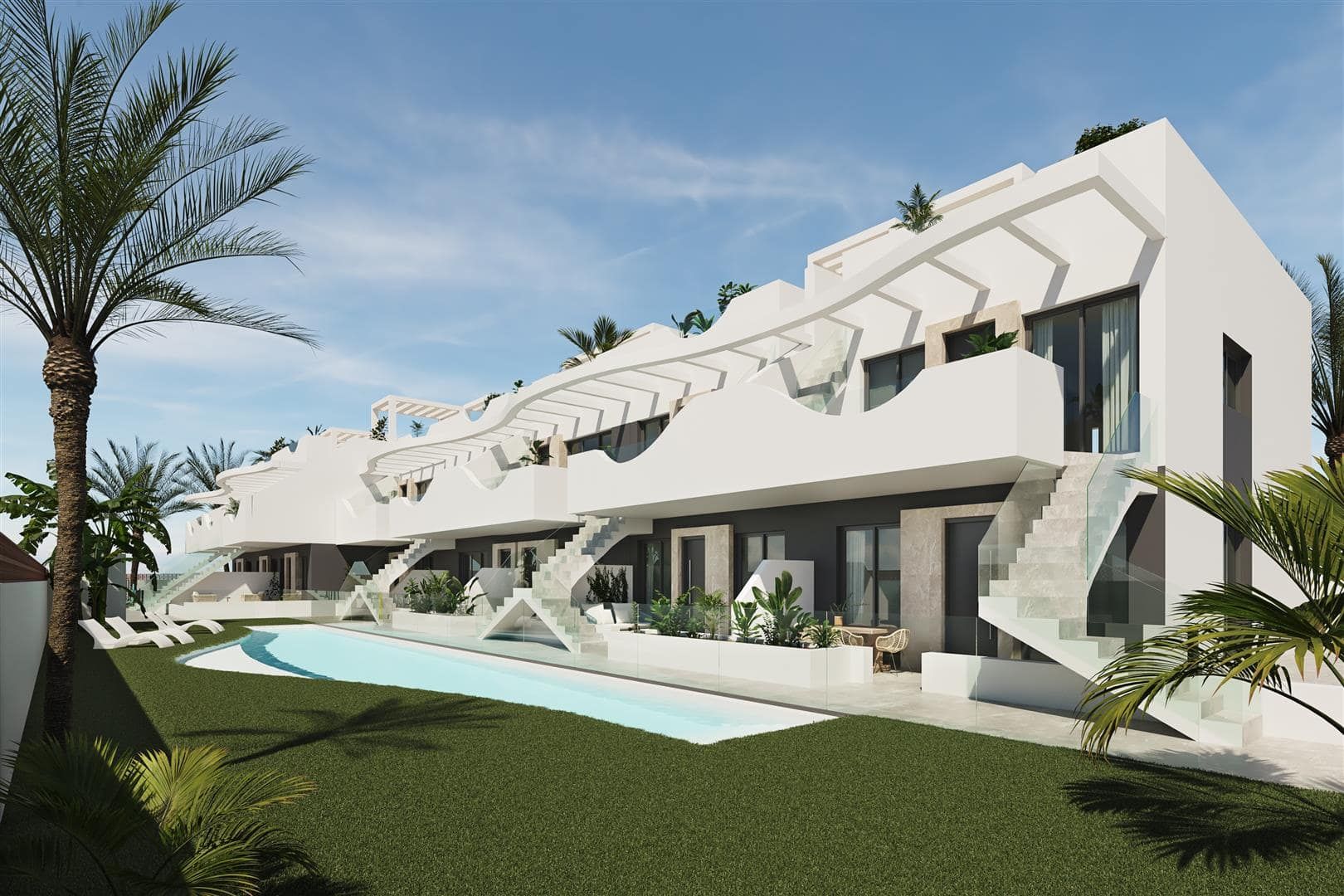 Representative rendering of contemporary apartments beside a landscaped communal swimming pool in daylight