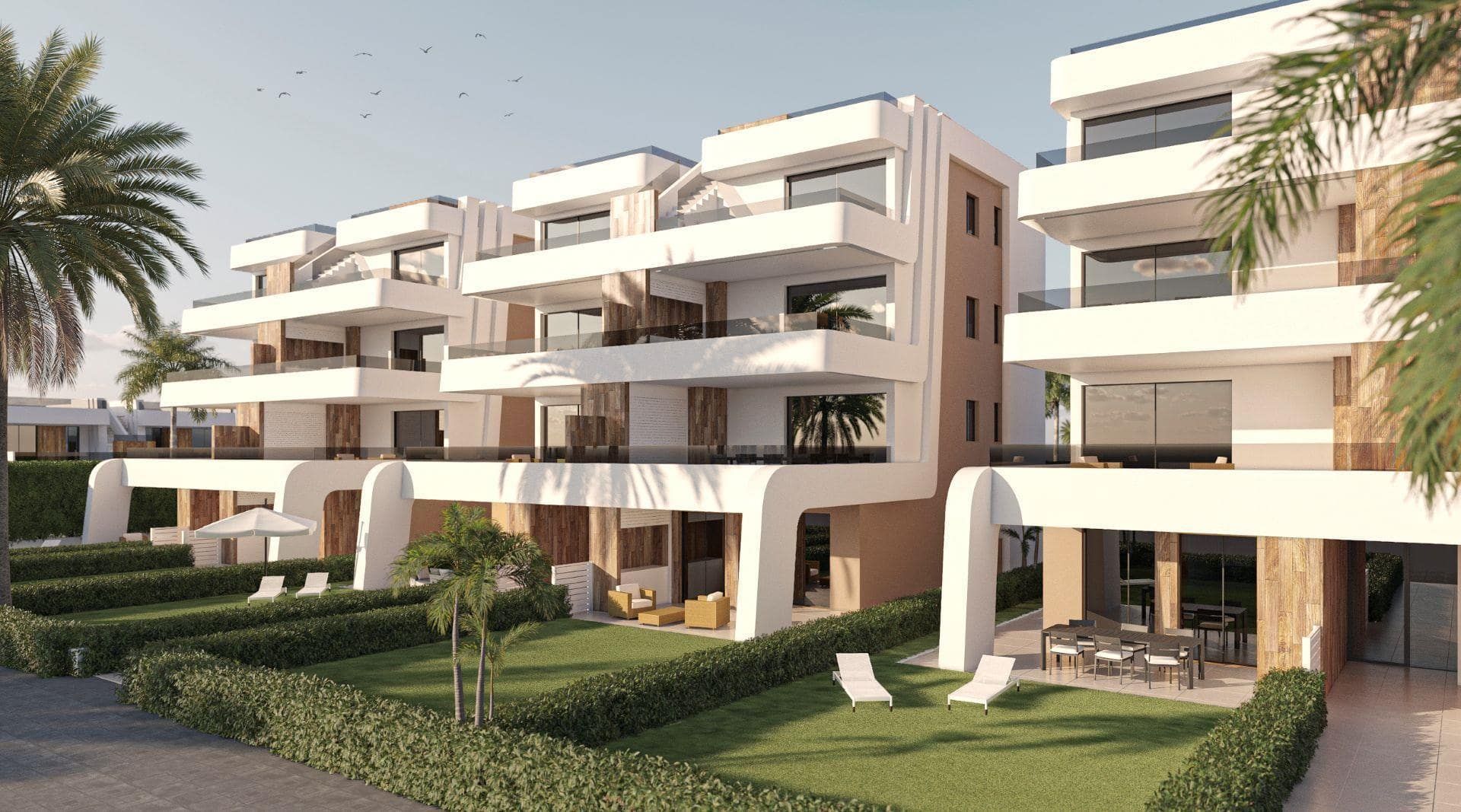 Architectural visualisation of modern white apartment buildings with balconies, private garden areas and palm trees
