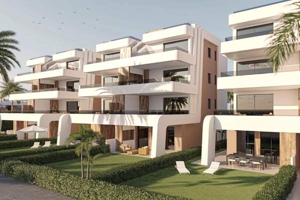 Architectural visualisation of modern white apartment buildings with balconies, private garden areas and palm trees