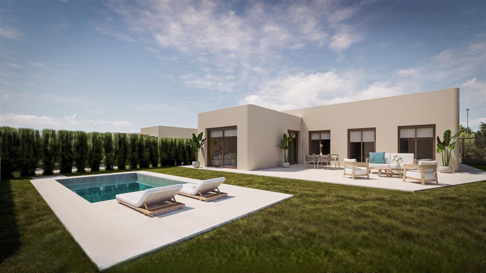Representative daylight rendering of a contemporary single-storey home with a garden terrace and swimming pool