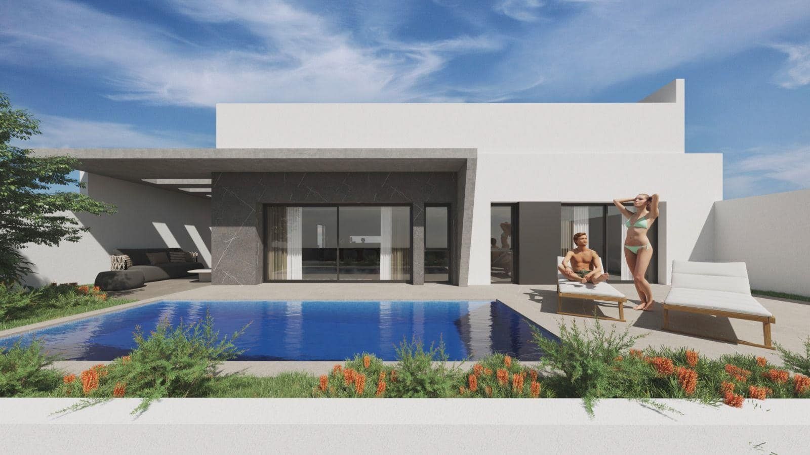 Computer-generated visual of the villa with a covered terrace and private pool