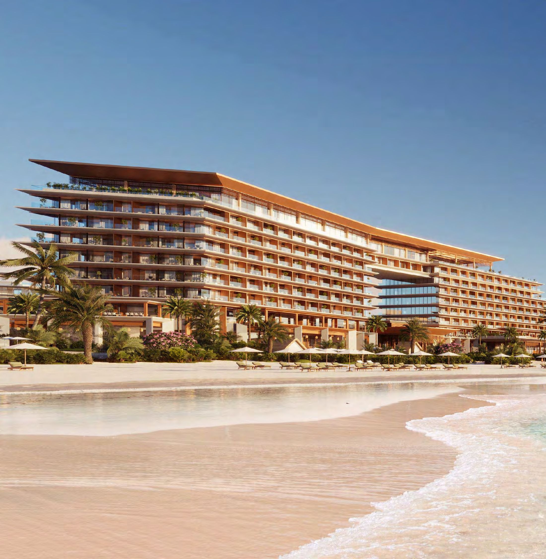 Beachfront architectural render of Nobu Residences Abu Dhabi viewed from the shoreline