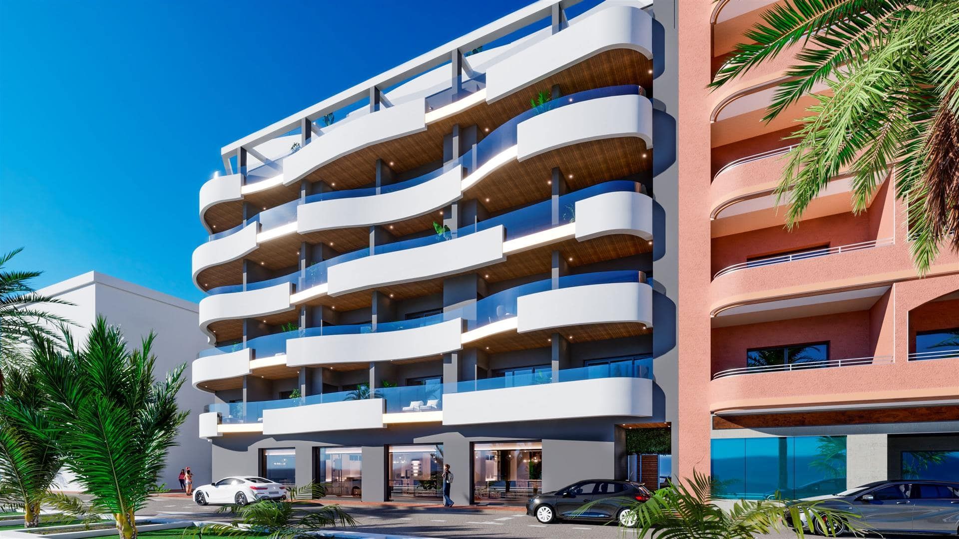 Representative daylight rendering of a contemporary apartment building with curved balconies