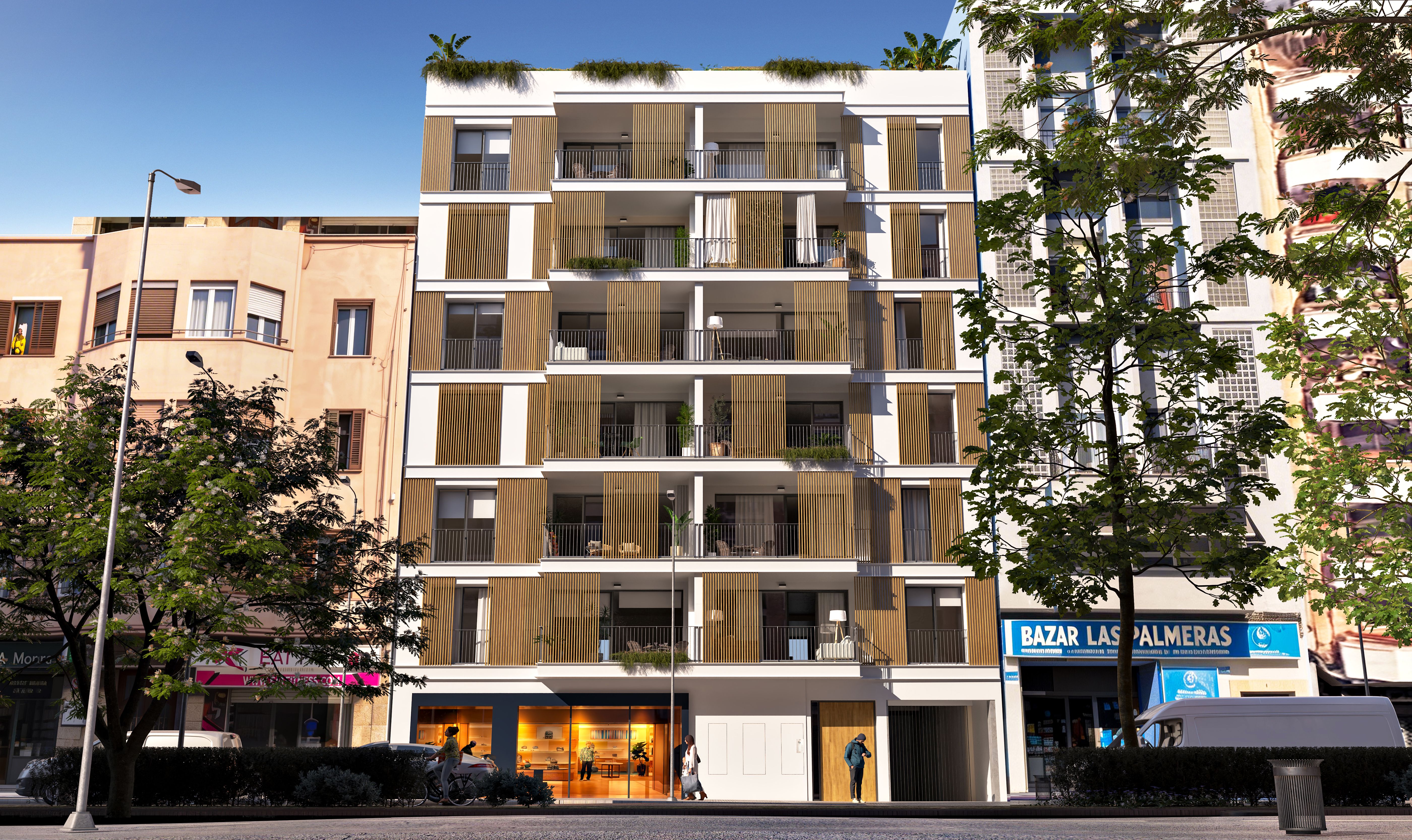 Rendered front view of the COR 39 apartment facade in Palma