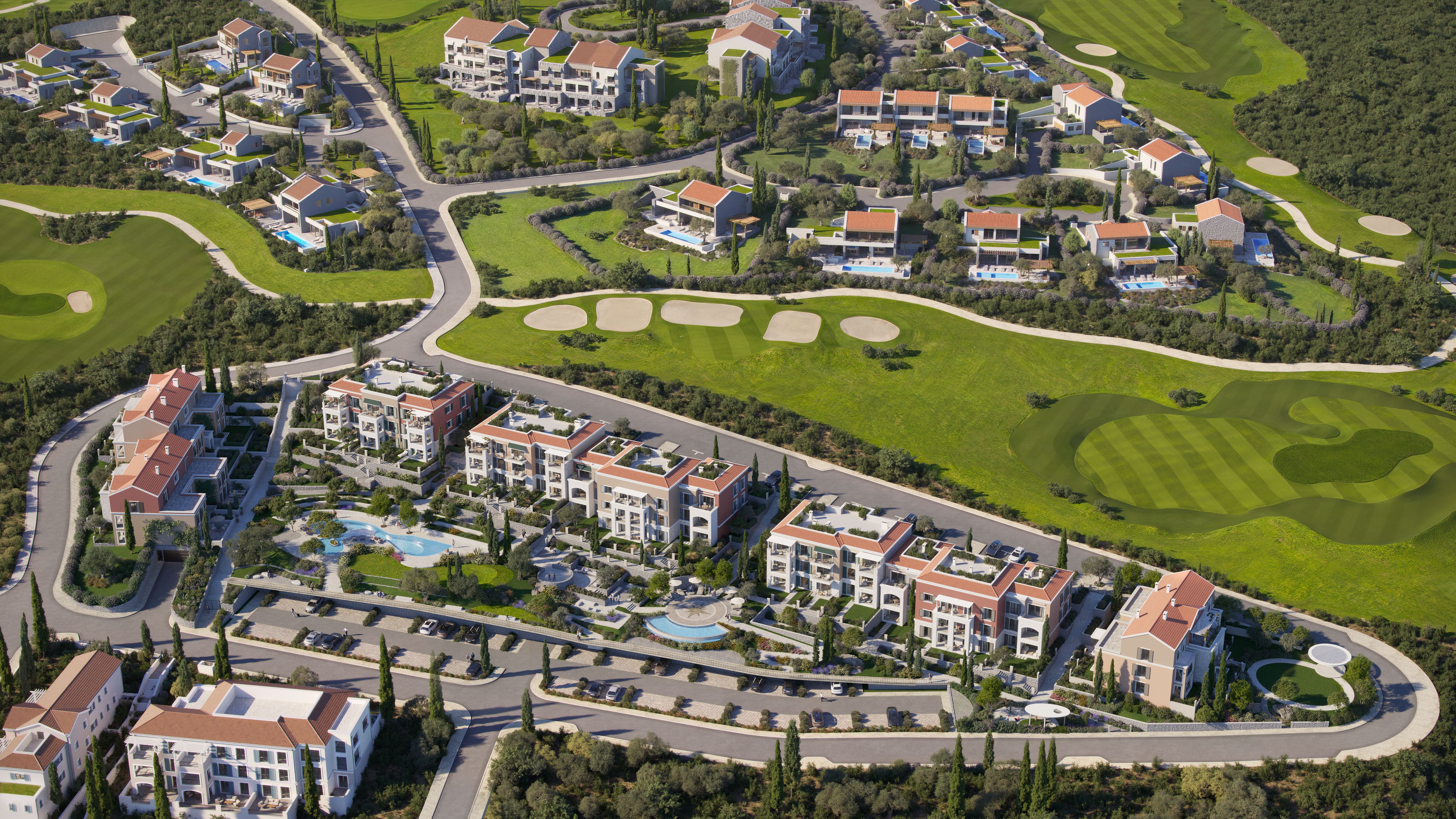 Aerial view of Centrale residences within the Luštica Bay landscape