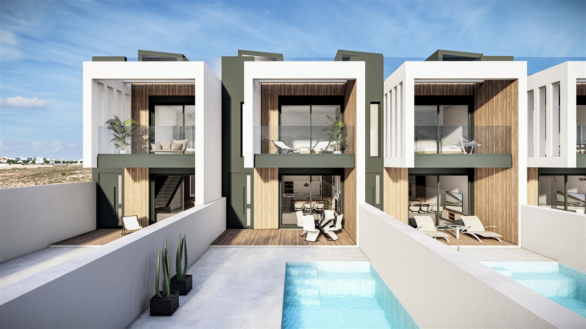 Representative daylight rendering of a row of attached contemporary homes with rear terraces and swimming pools