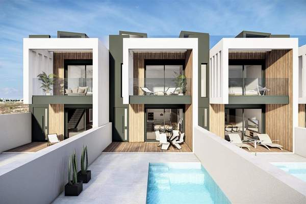 Representative daylight rendering of a row of attached contemporary homes with rear terraces and swimming pools