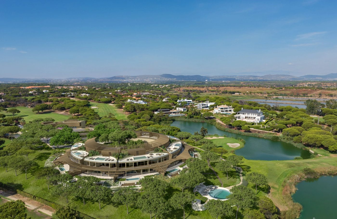 Architectural visualisation of Sutaya within the golf landscape at Quinta do Lago