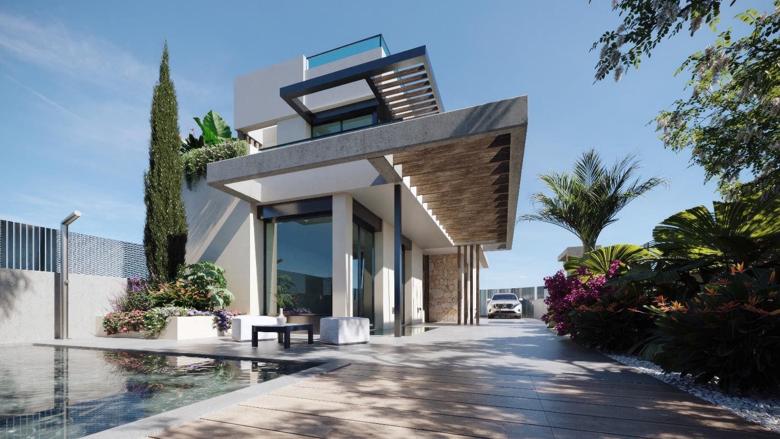 Representative rendering of a contemporary villa beside a swimming pool and landscaped terrace in daylight