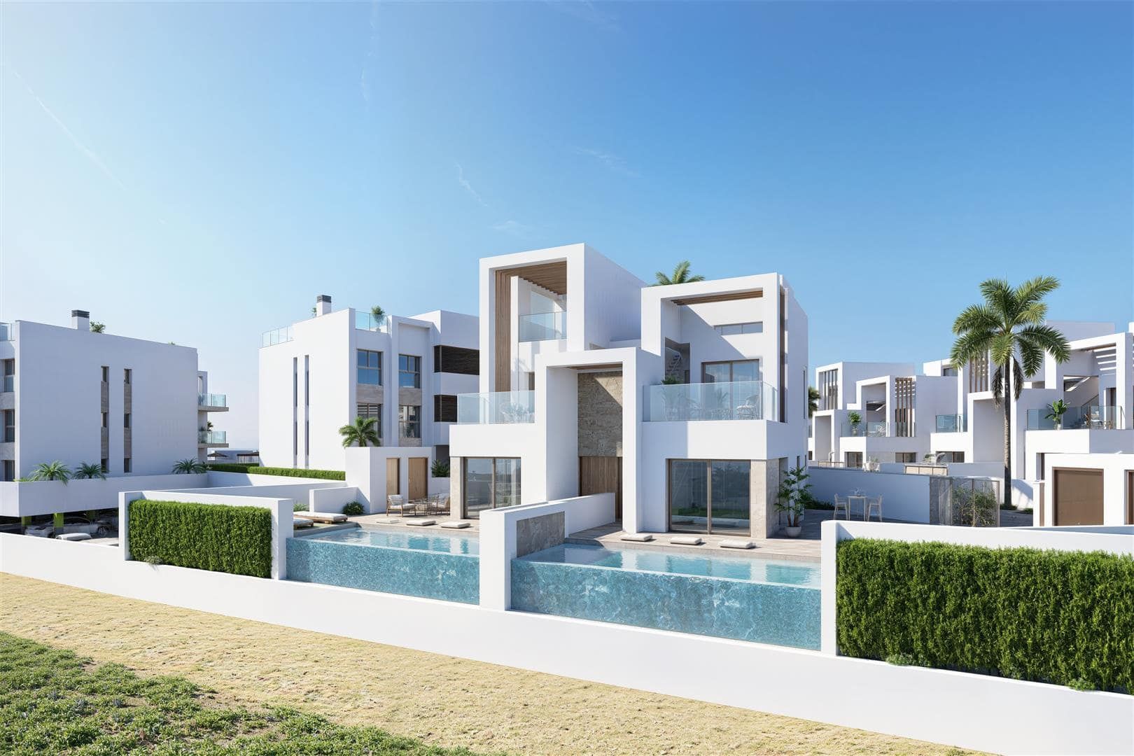 Architectural visualisation of contemporary villas with private pools