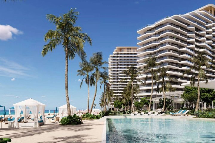 Architectural visualisation of Nikki Beach Residences beside the coast on Al Marjan Island, Ras Al Khaimah.