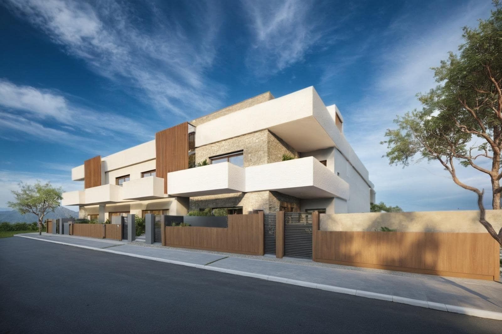 Representative rendering of a contemporary apartment building viewed obliquely from the street