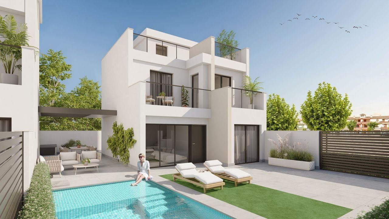 Representative rendering of a contemporary white villa beside a swimming pool in daylight