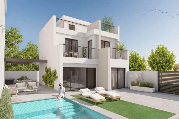 Representative rendering of a contemporary white villa beside a swimming pool in daylight