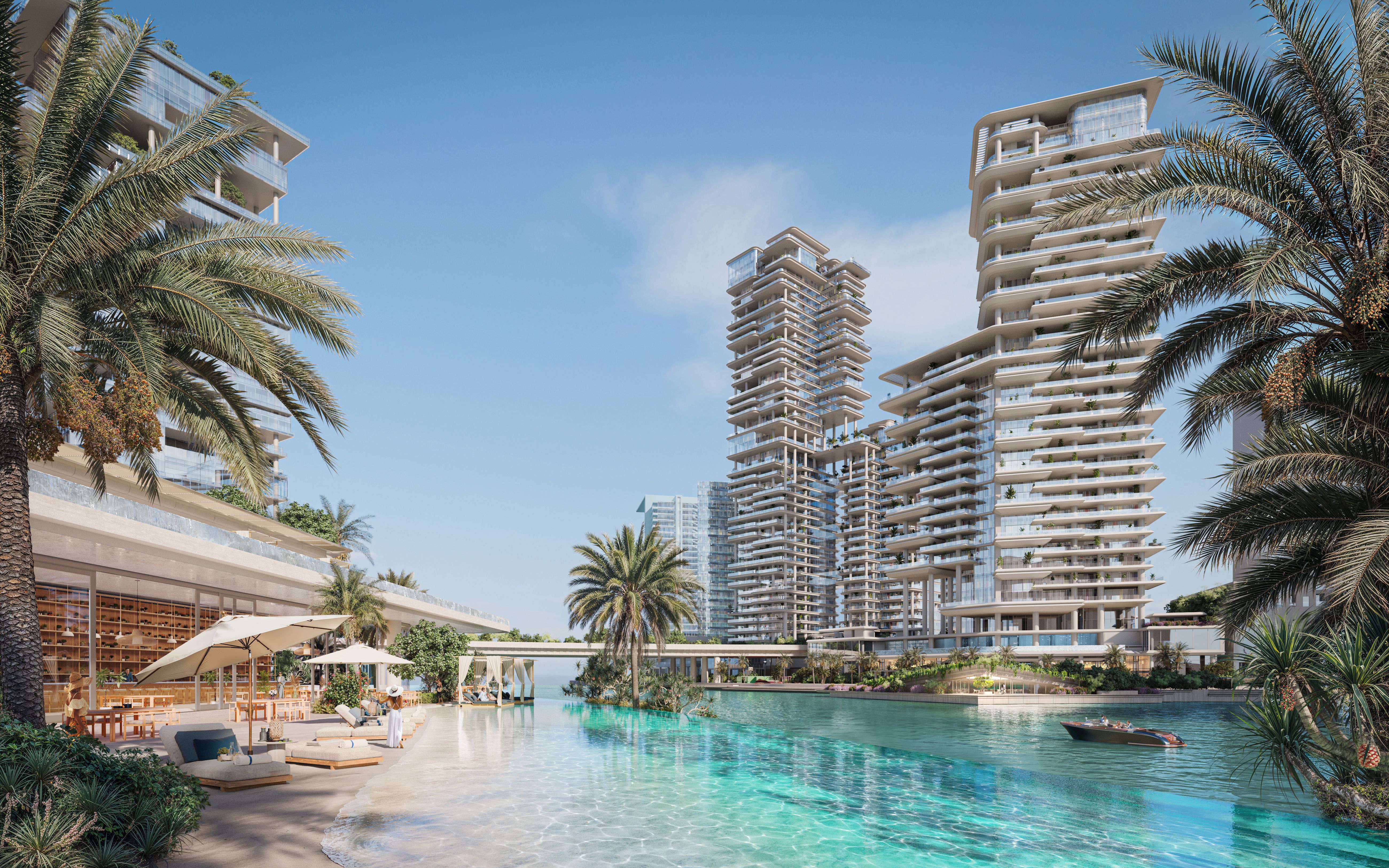 Marasi Bay beach club pool framed by waterfront residences.