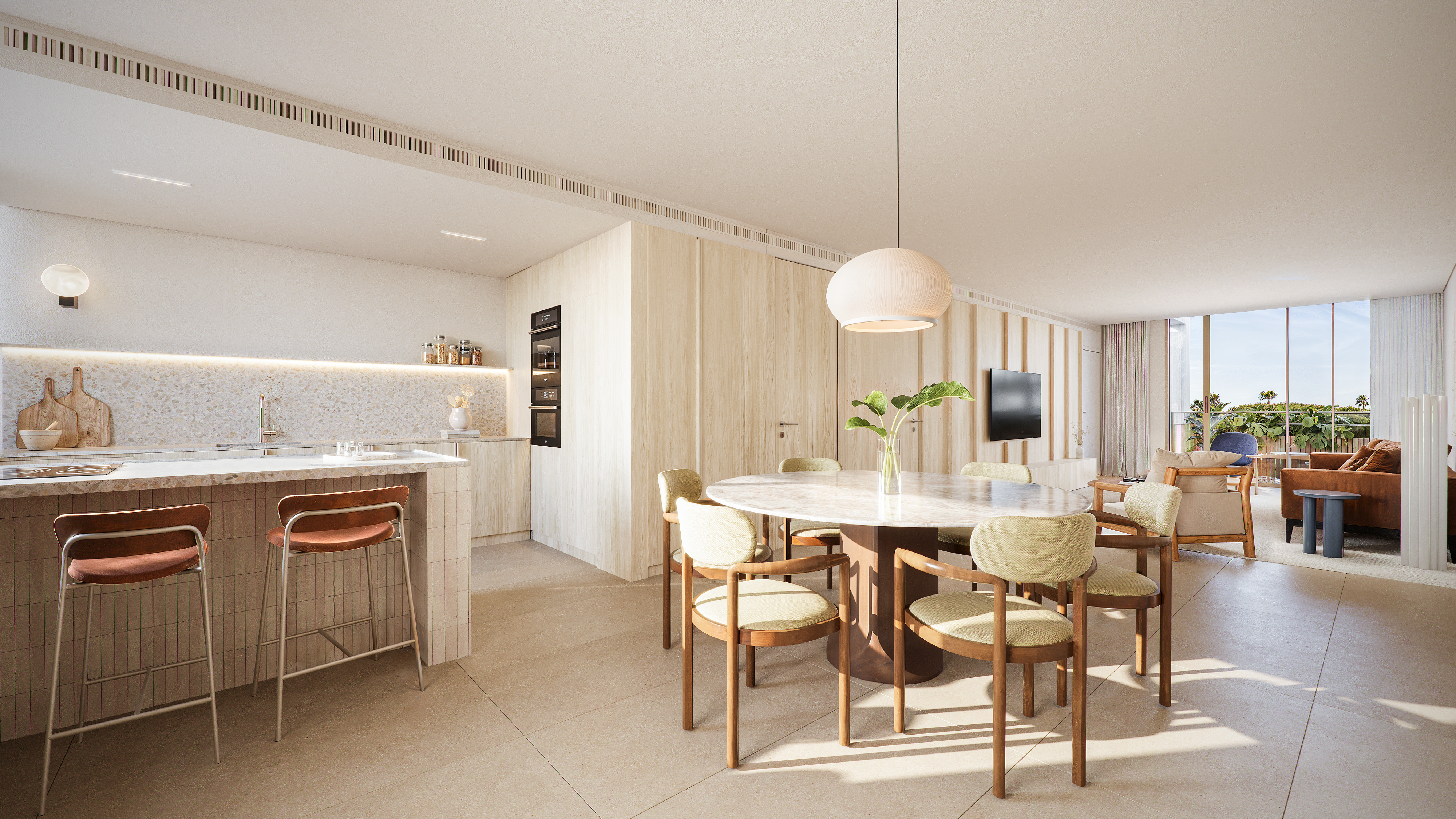 Azuya apartment living and dining space with floor-to-ceiling glazing.