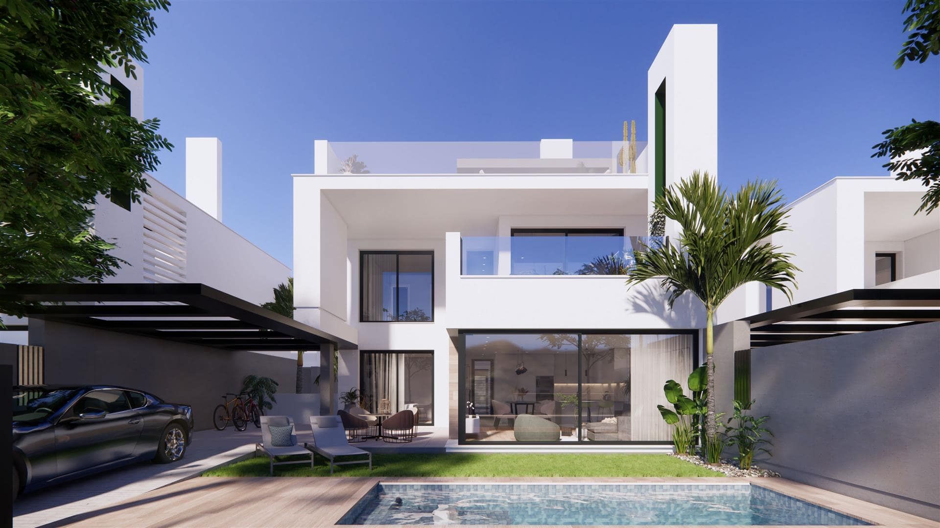 Illustrative frontal rendering of a two-storey white villa viewed across a swimming pool