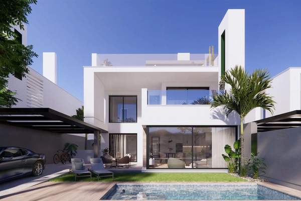 Illustrative frontal rendering of a two-storey white villa viewed across a swimming pool