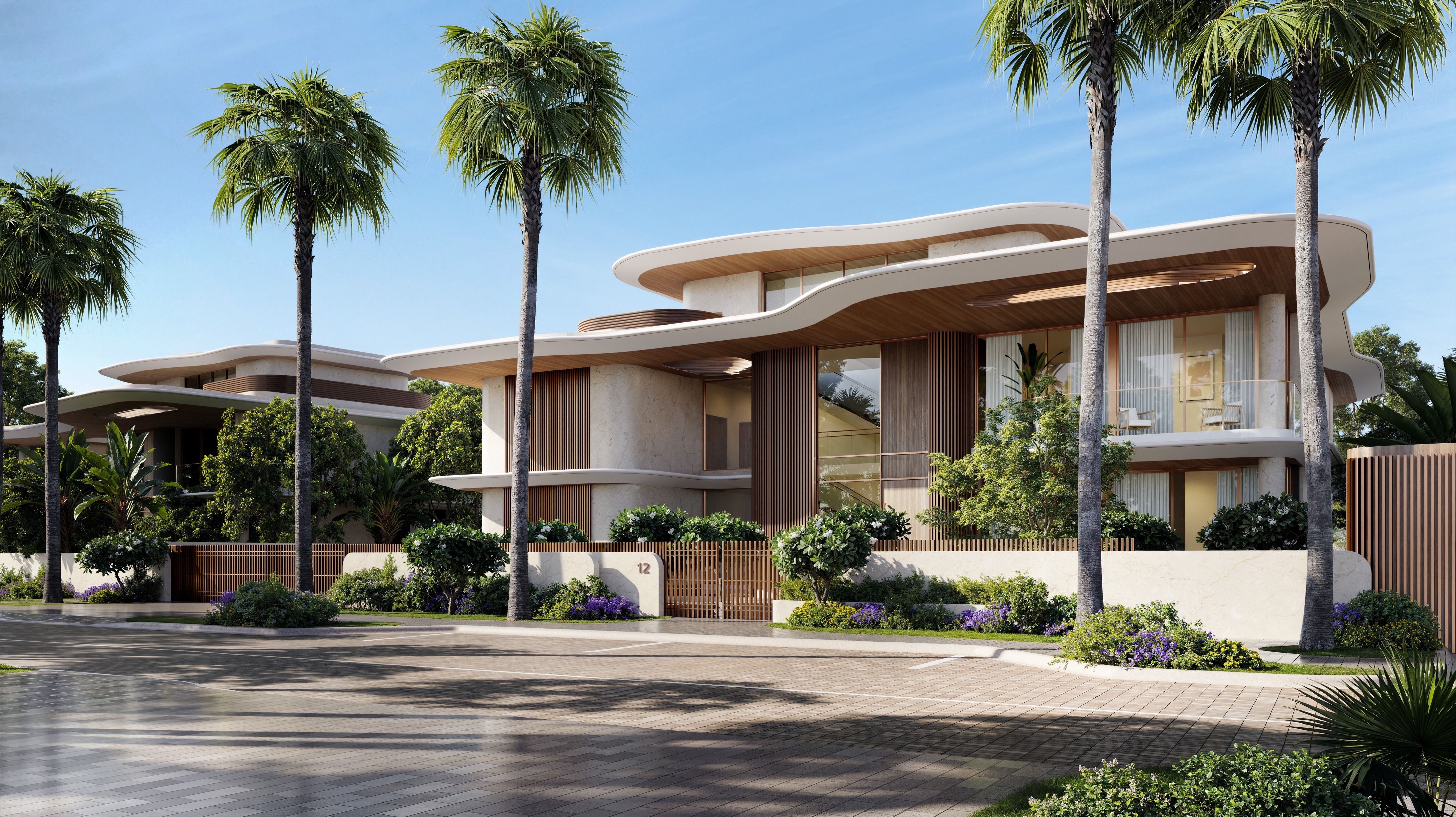 Street-facing elevation of a curving contemporary villa, representative imagery supplied for Faya Al Saadiyat Villa 9.