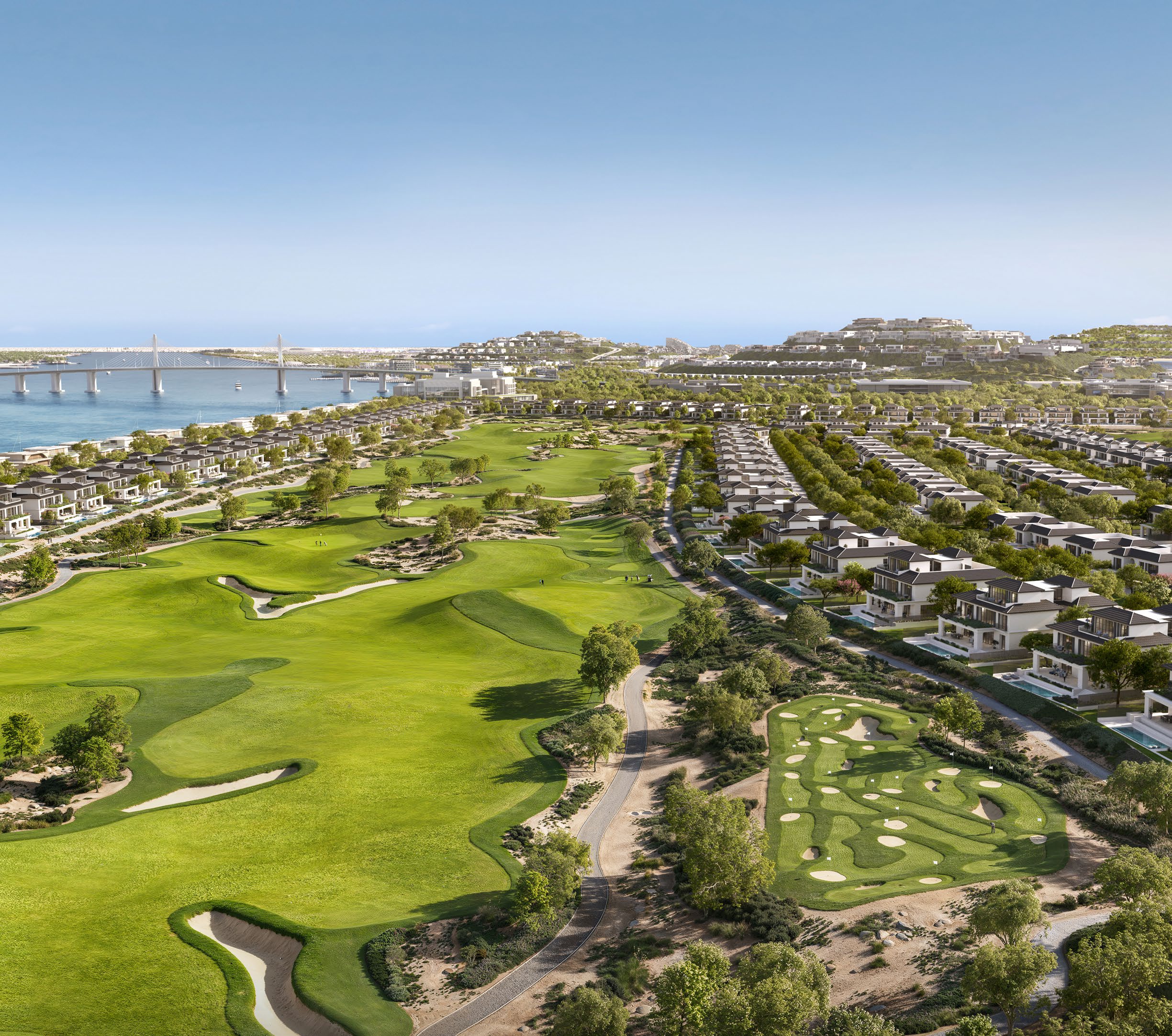 Elevated CGI view across the golf course, villas, water and Hudayriyat bridge