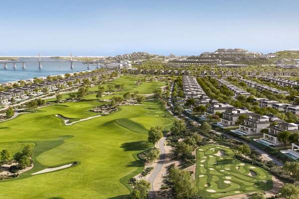 Elevated CGI view across the golf course, villas, water and Hudayriyat bridge