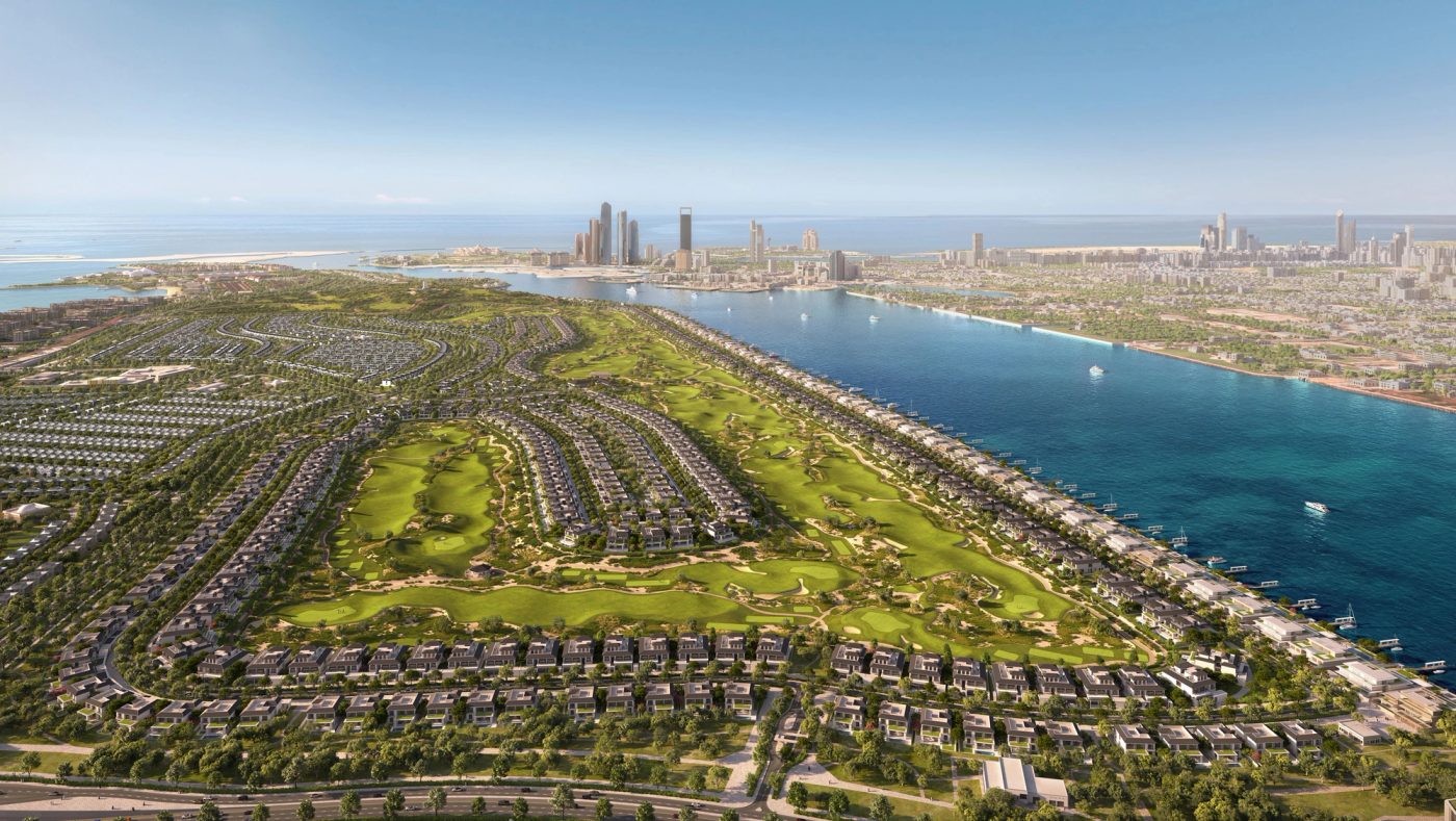 Wide aerial CGI overview of Hudayriyat Golf Estates, its golf course, waterfront and Abu Dhabi skyline
