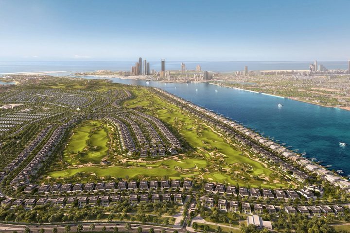 Aerial architectural visualisation of Hudayriyat Golf Estates beside Abu Dhabi's waterfront