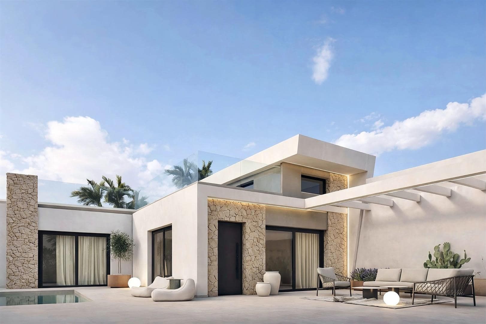 Contemporary villa exterior with terrace seating and pool in daylight