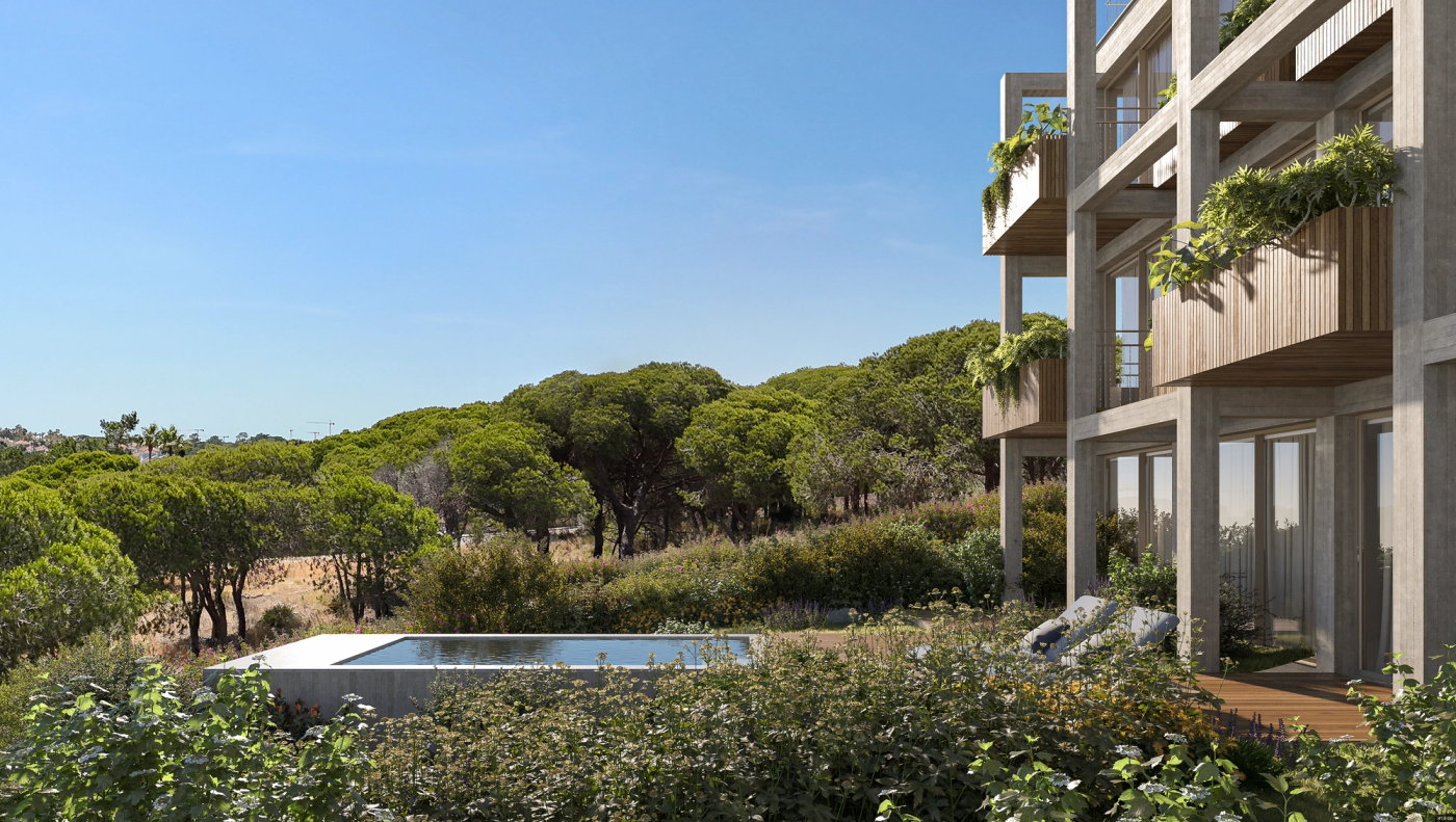 Architectural visualisation of Azuya residences, pool terrace and landscaped Algarve setting