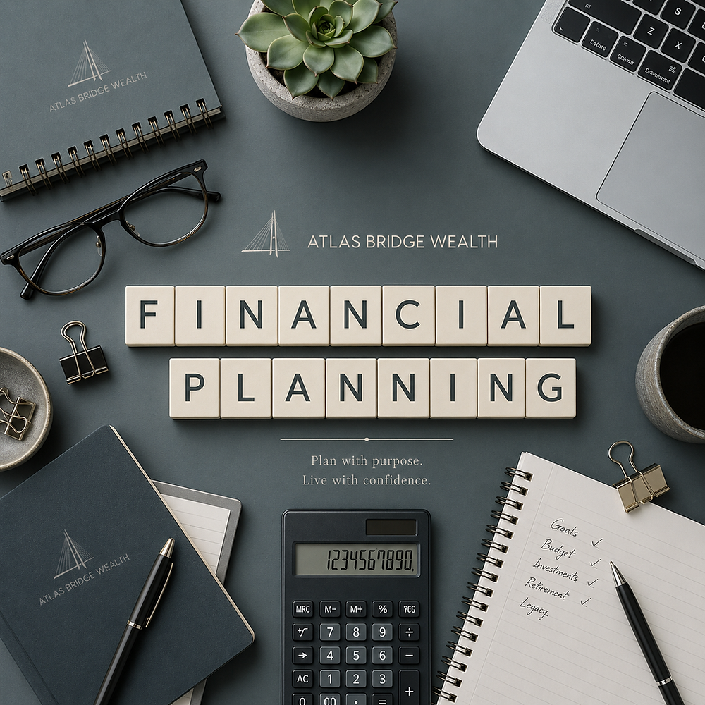 Atlas Bridge Wealth financial planning article artwork with branded stationery, laptop, calculator and planning notes.