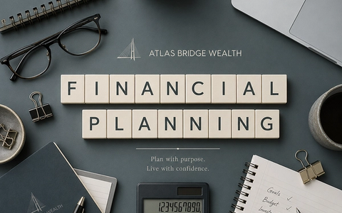Atlas Bridge Wealth financial planning article artwork with branded stationery, laptop, calculator and planning notes.