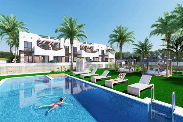 Representative rendering of low-rise white apartments beyond a landscaped communal swimming pool in daylight